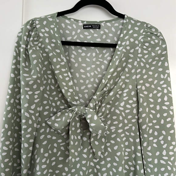 SHEIN Sage Green Patterned Long Sleeve Front Tie Dress XS - Picture 2 of 6